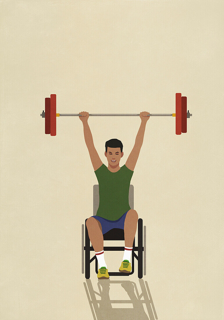Porträt selbstbewusster, starker männlicher Sportler mit Behinderung im Rollstuhl, der eine Langhantel über Kopf hält