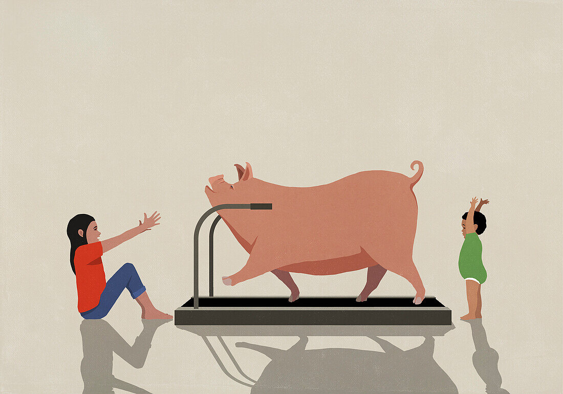 Kids cheering for pig exercising on treadmill\n