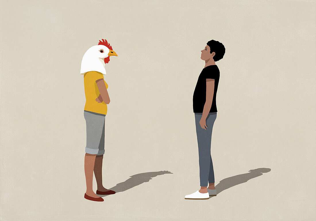 Wife in chicken mask confronting surprised husband\n