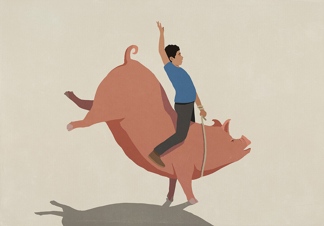 Man bull riding piggy bank\n