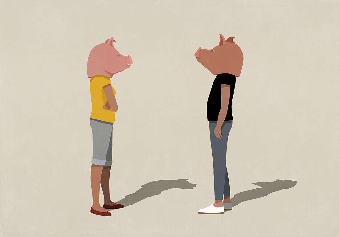 Pigheaded couple with pig heads standing face to face\n