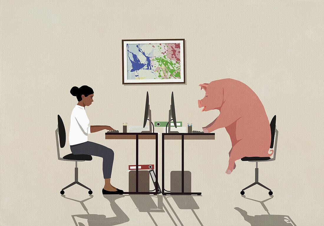 Businesswoman and pig working at computers in office\n