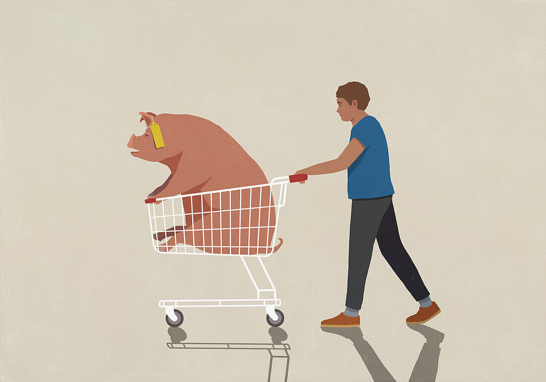 Man pushing pig with price tag in shopping cart\n