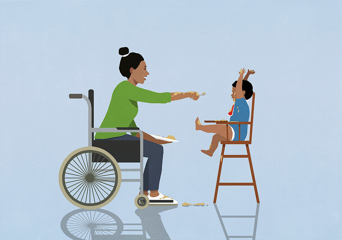 Mother in wheelchair feeding messy baby in high chair\n