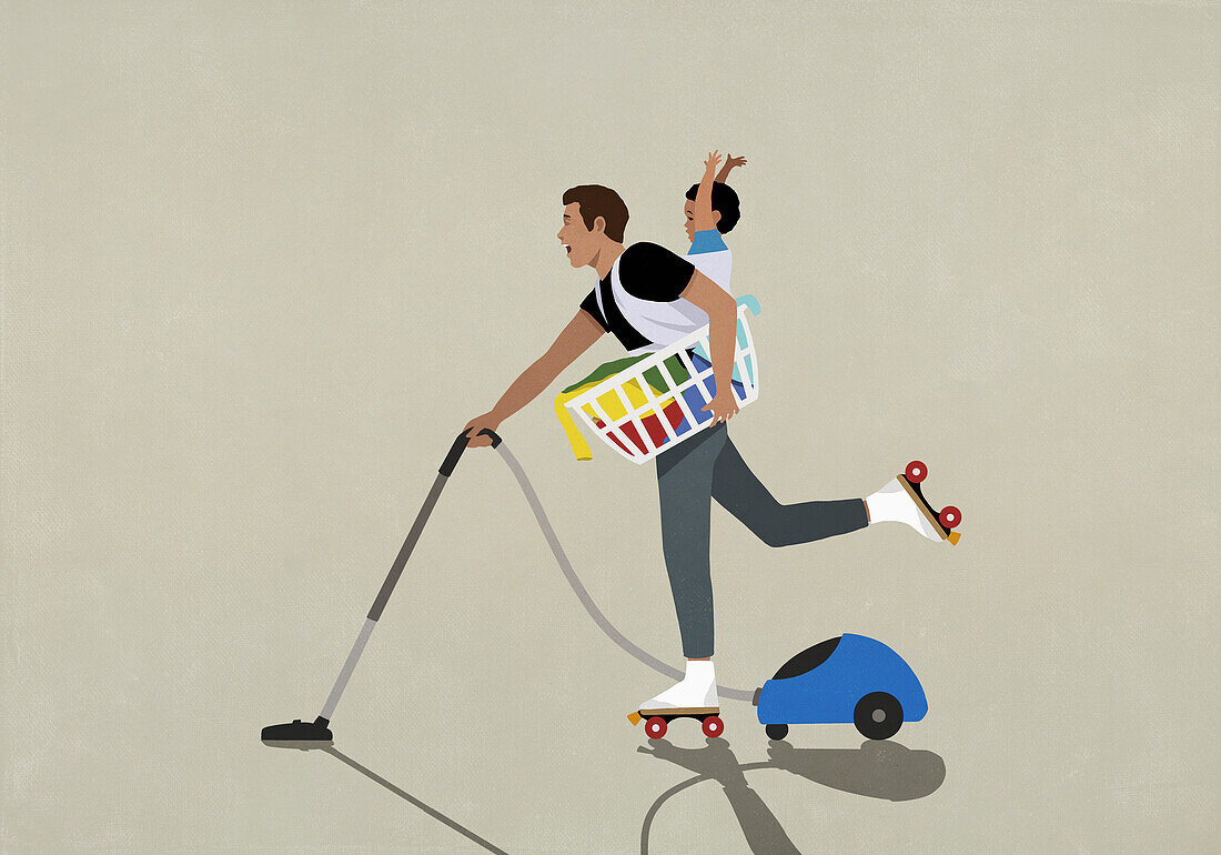 Stay-at-home father roller skating and doing chores with baby on back\n