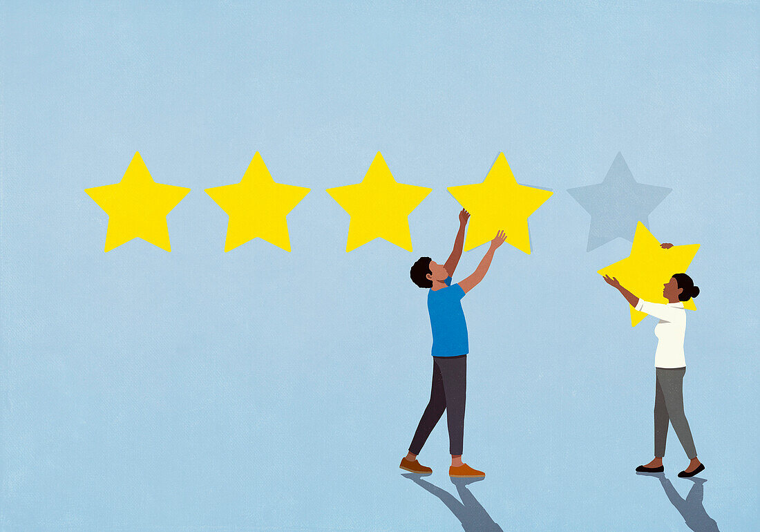 Couple rating, placing five stars on blue background\n