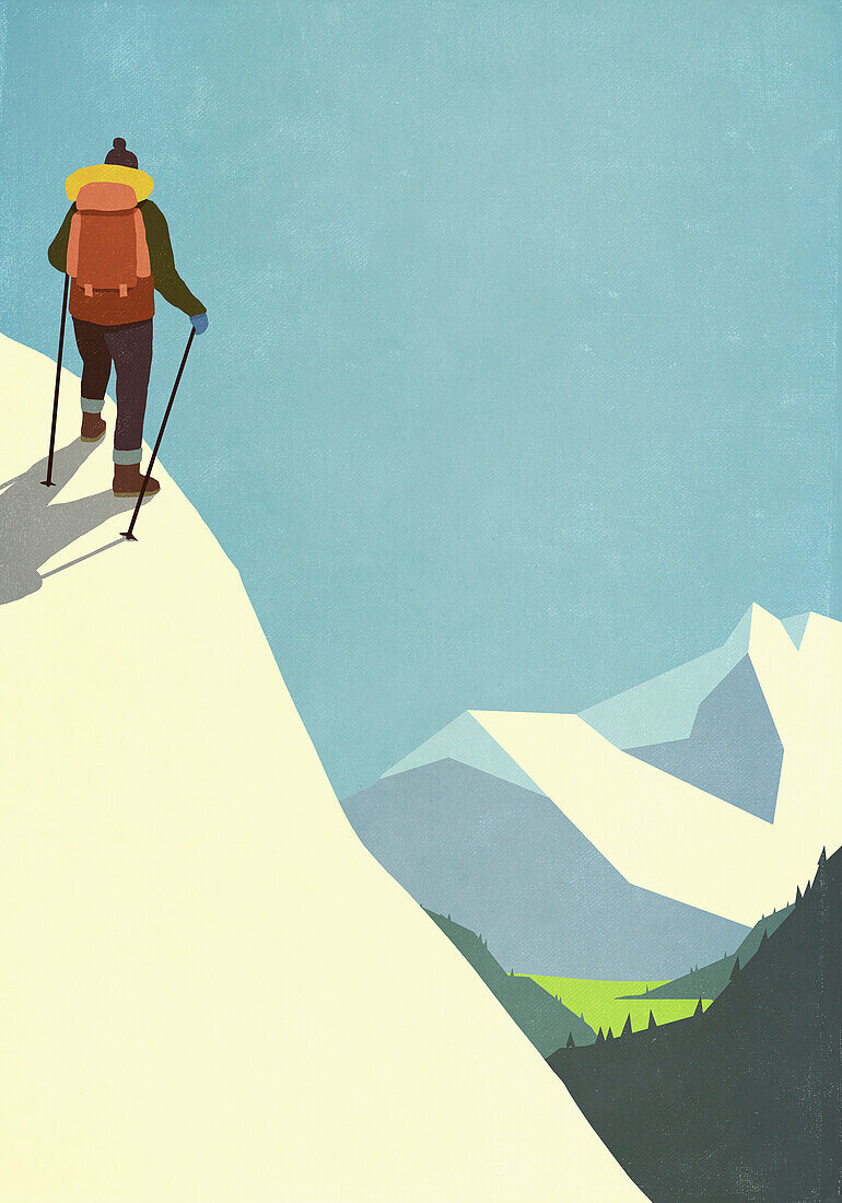 Woman with backpack climbing snowy mountain\n