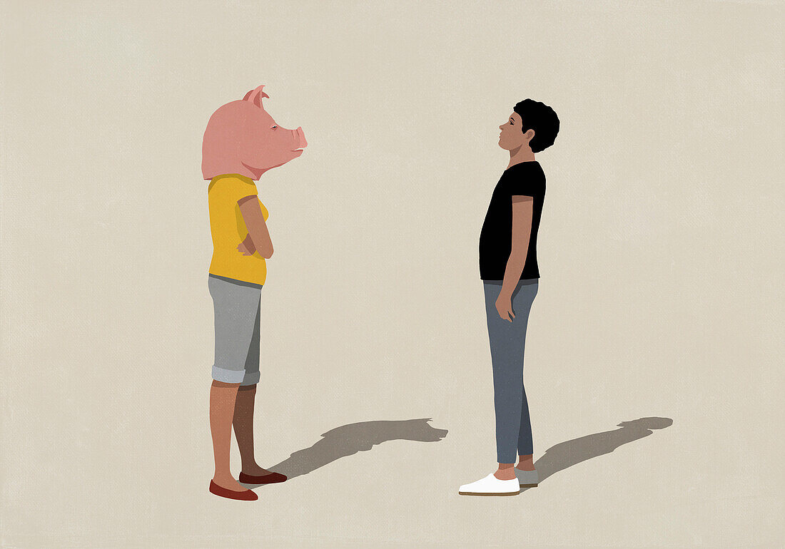 Pigheaded wife confronting surprised husband\n
