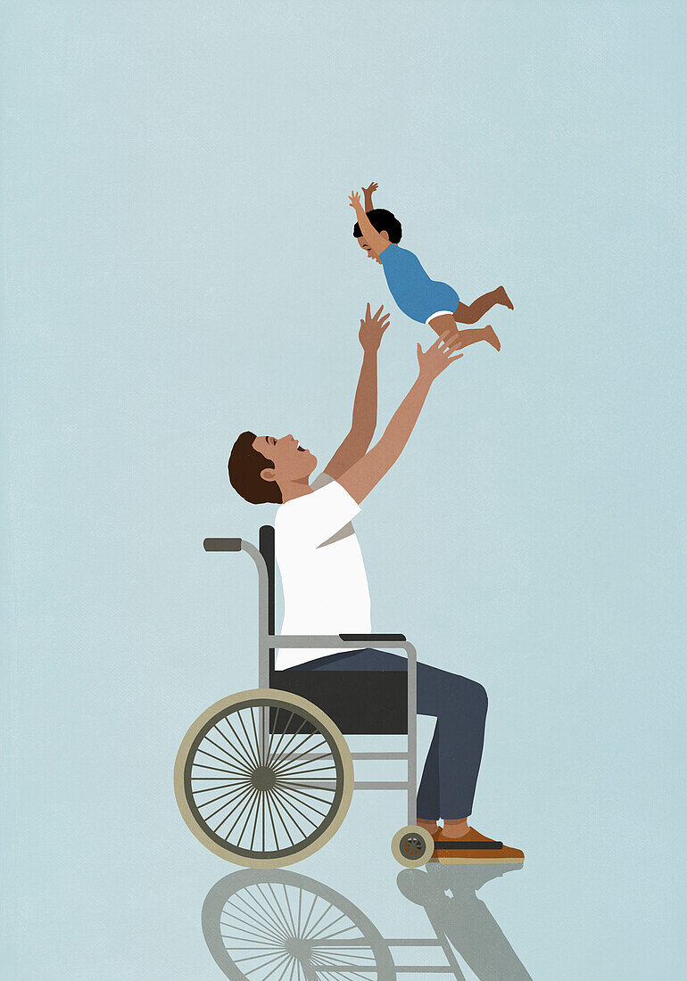 Happy, playful father in wheelchair catching baby son overhead\n