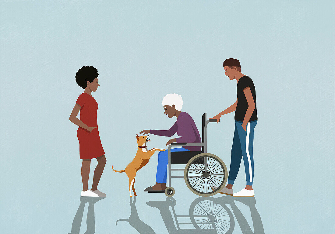 Adult children watching senior mother in wheelchair playing with dog\n