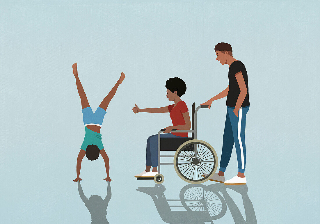 Father and mother in wheelchair cheering for son doing handstand\n