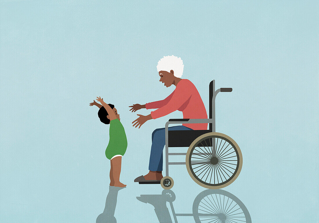 Ältere Großmutter im Rollstuhl greift nach ihrem kleinen Enkel