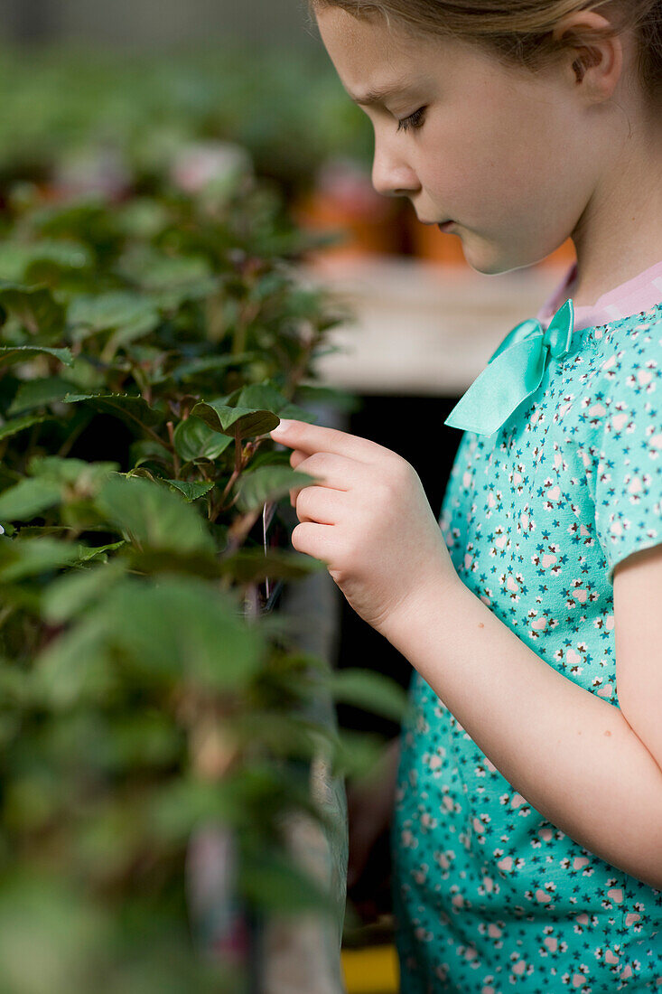 Young girl touching a plant in a nursery\n