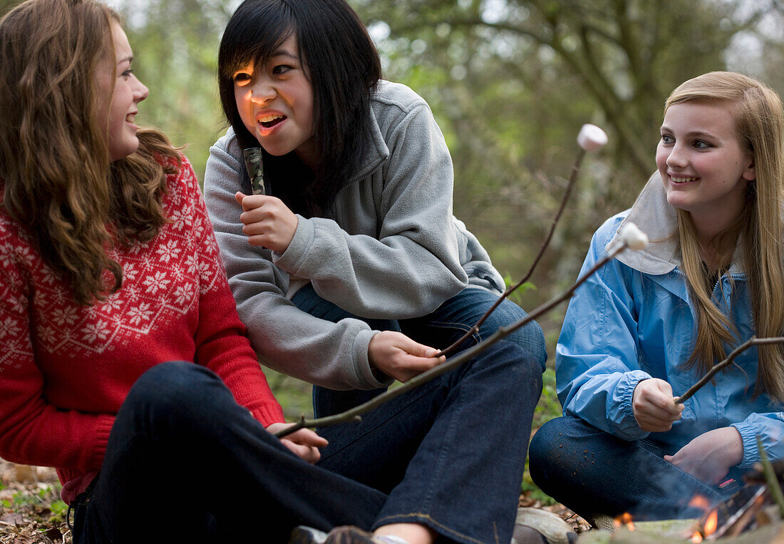 Teenage girls roasting marshmallow over campfire one is grinning and shining a torch over her face\n