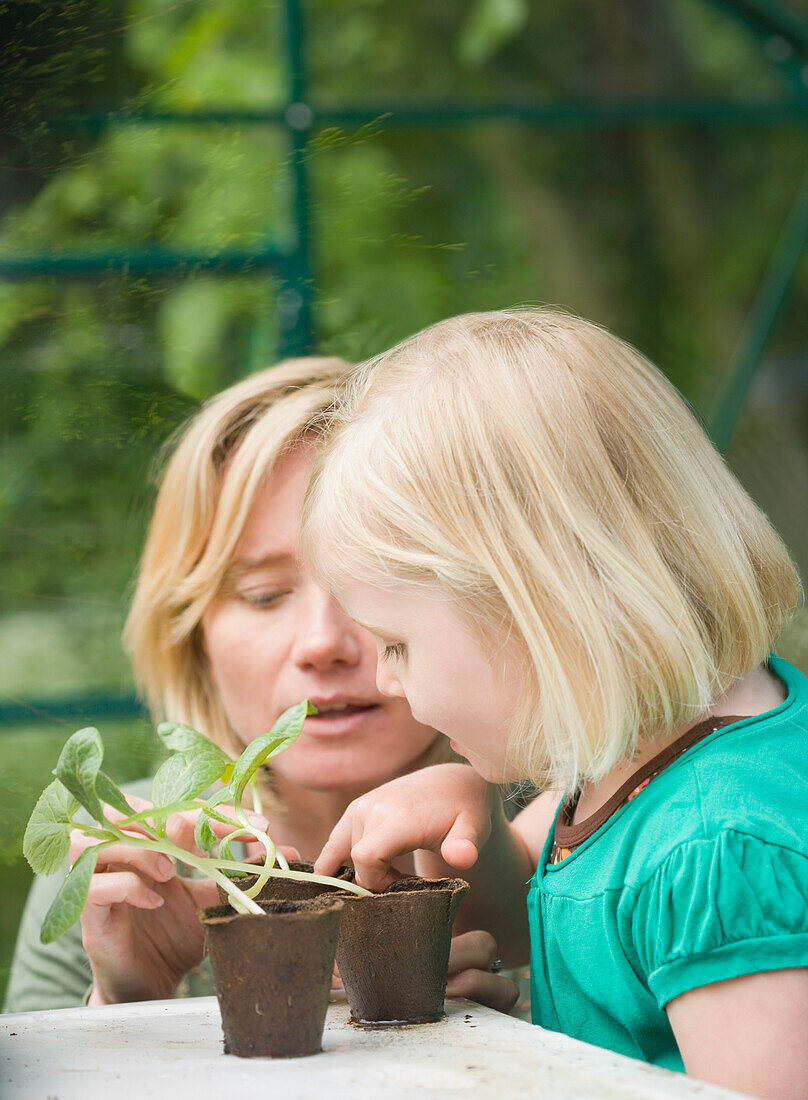 Young blonde girl helping woman tending seedlings in the greenhouse\n
