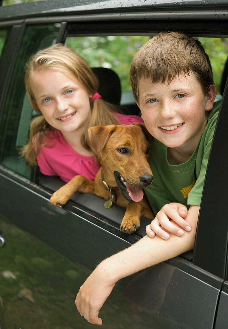 Young boy  and young girl with dog leaning out of car window\n