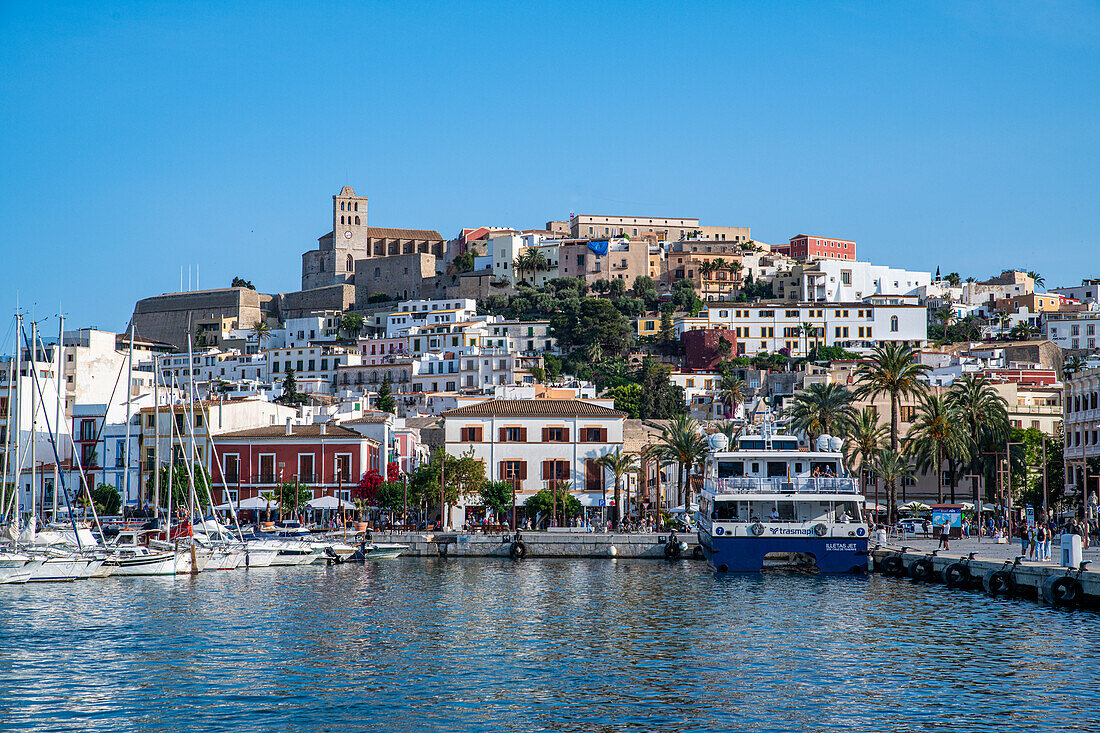 The old town of Ibiza with its castle seen from the harbor, UNESCO World Heritage Site, Ibiza, Balearic Islands, Spain, Mediterranean, Europe\n