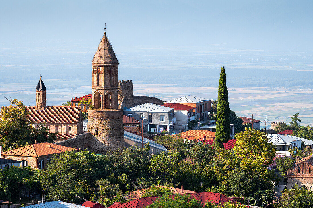 A view of Sighnaghi high above the wine producing region of Kakheti, Georgia, Central Asia, Asia\n