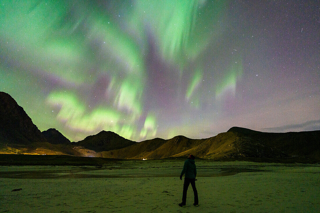 Fotograf betrachtet die Aurora Borealis (Nordlichter) am Sternenhimmel von Haukland Strand, Lofoten Inseln, Nordland, Norwegen, Skandinavien, Europa