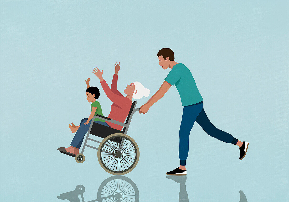 Playful man pushing happy mother and son in wheelchair\n