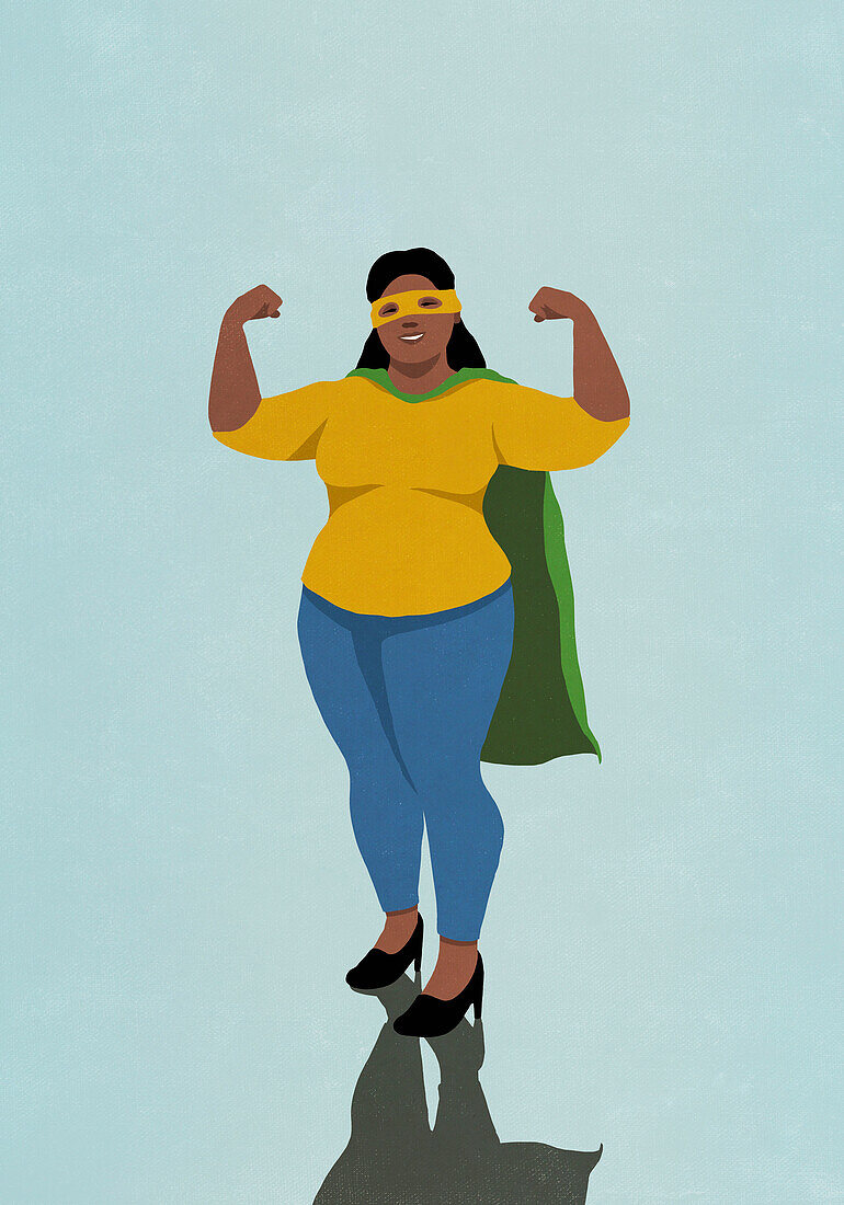 Portrait happy, confident woman flexing biceps in superhero cape and mask\n