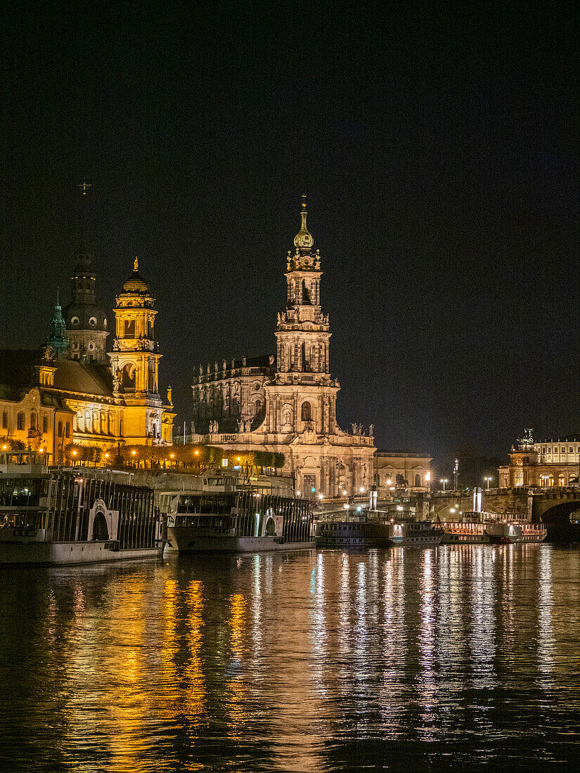 View of modern Dresden by night from across the Elbe River, Saxony, Germany, Europe\n