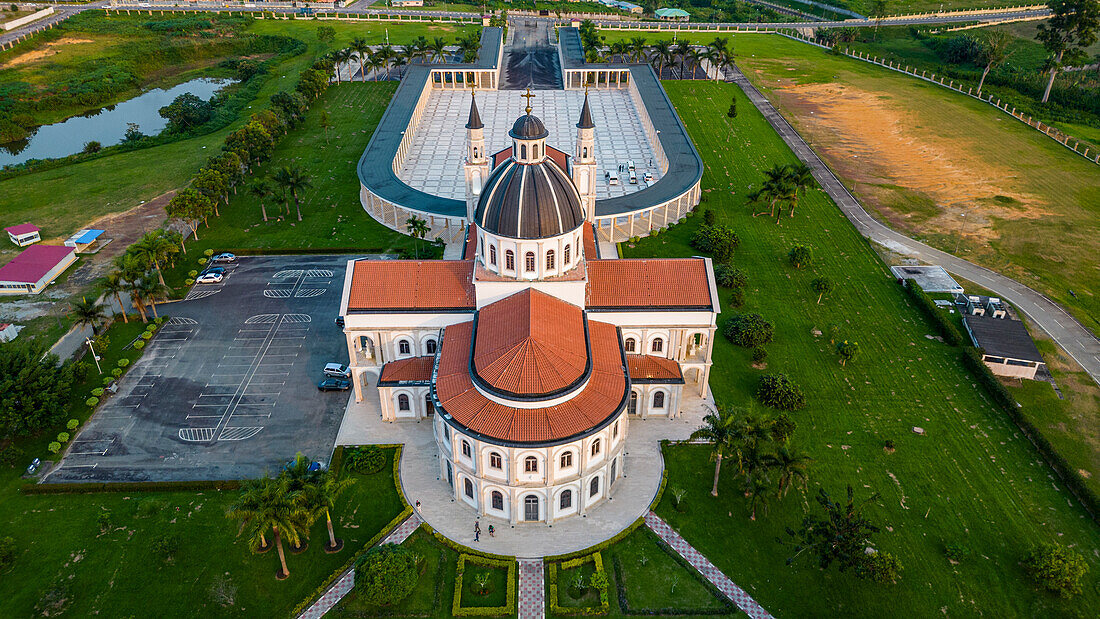Aerial of the Basilica of the Immaculate Conception, Mongomo, Rio Muni, Equatorial Guinea, Africa\n
