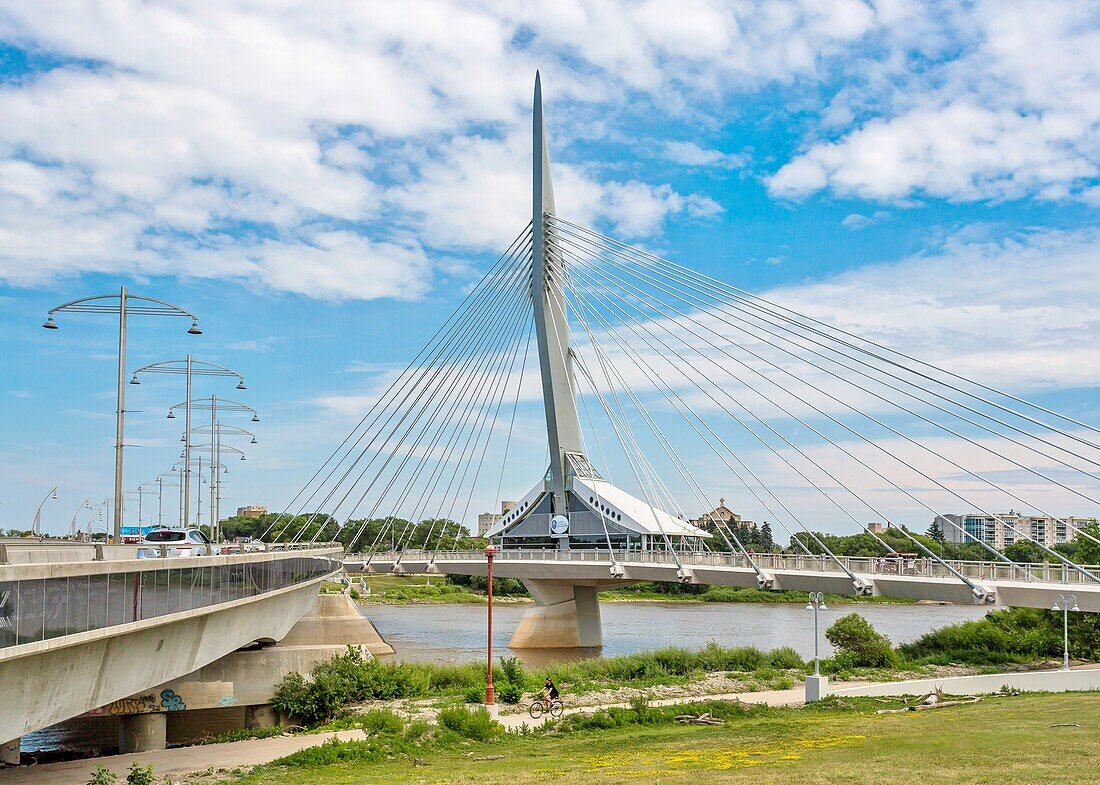 The Esplanade Riel suspended pedestrian footbridge over the Red River, completed 2003, linking central Winnipeg to St. Boniface district, Winnipeg, Manitoba, Canada, North America\n