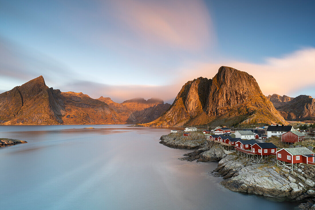 Rorbu cabins at dawn, Hamnoy, Reine, Lofoten Islands, Nordland, Norway, Scandinavia, Europe\n