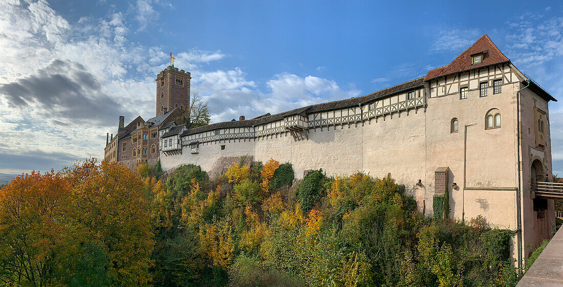 Exterior of Wartburg Castle whose foundation was laid in 1067, UNESCO World Heritage Site, Eisenach, Thuringia, Germany, Europe\n