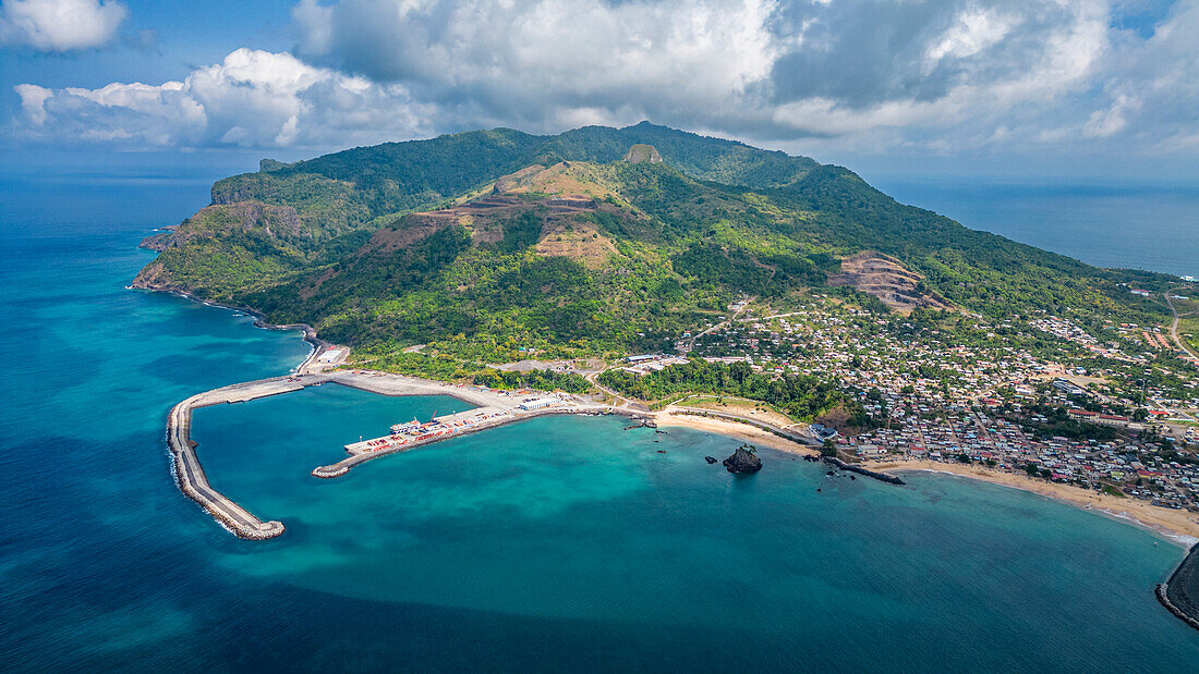Aerial of the island of Annobon, Equatorial Guinea, Africa\n