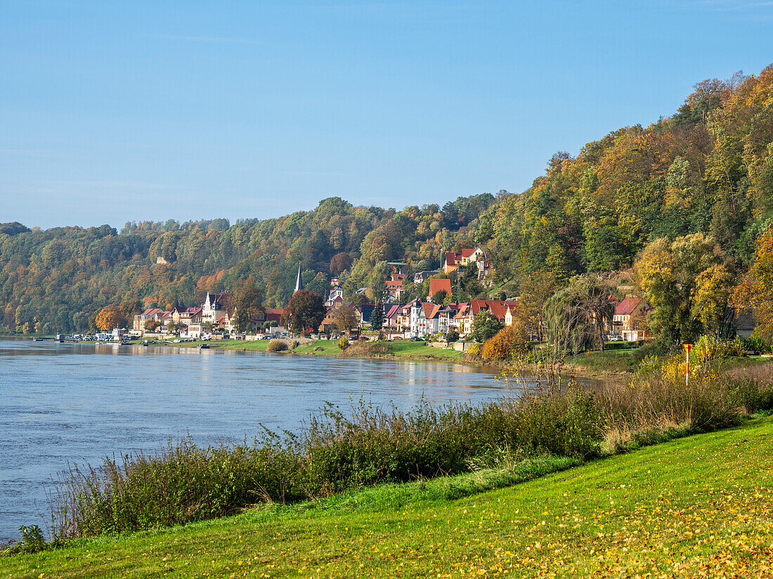 A view of Stadt Wehlen on the Elbe River in Saxon Switzerland National Park, Saxony, Germany, Europe\n