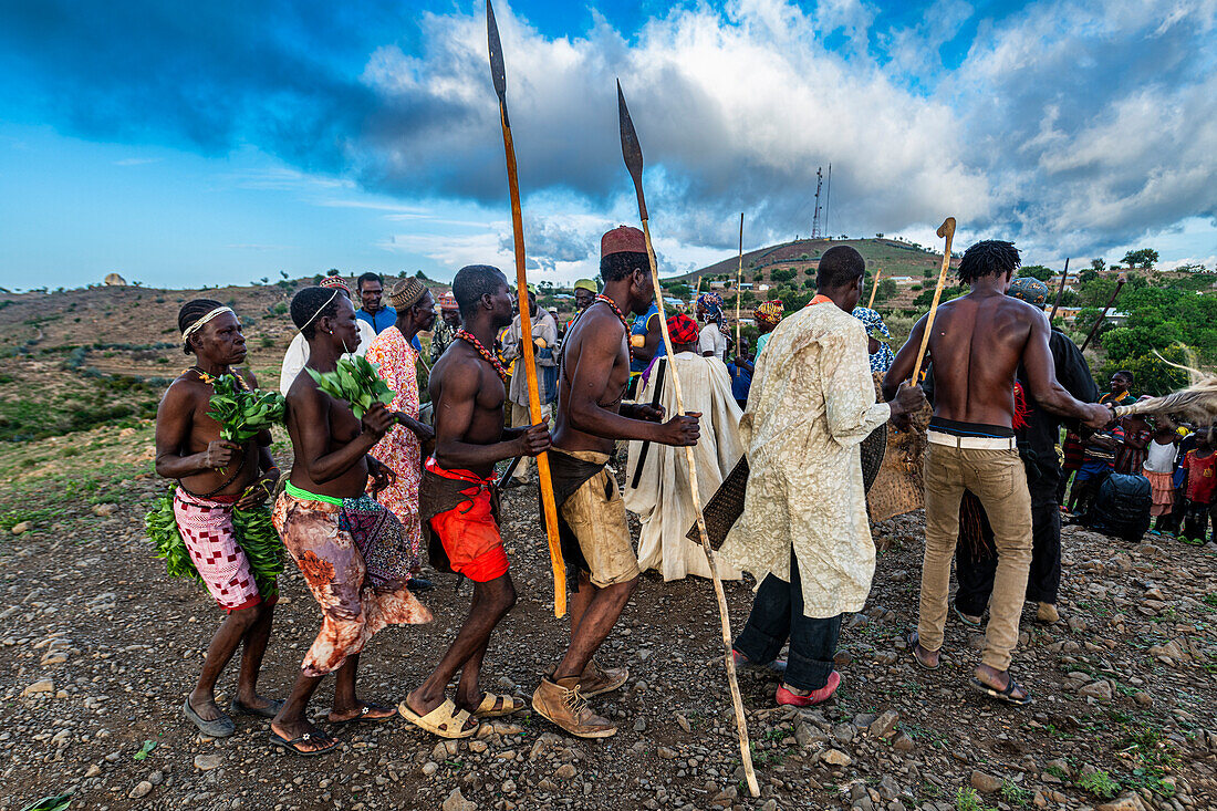 Kapsiki tribal people practising a traditional dance, Rhumsiki, Mandara mountains, Far North province, Cameroon, Africa\n