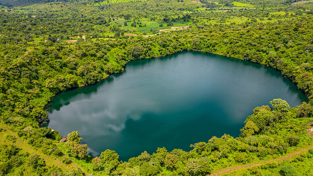 Aerial of Lake Tison, Ngaoundere, Adamawa region, Northern Cameroon, Africa\n