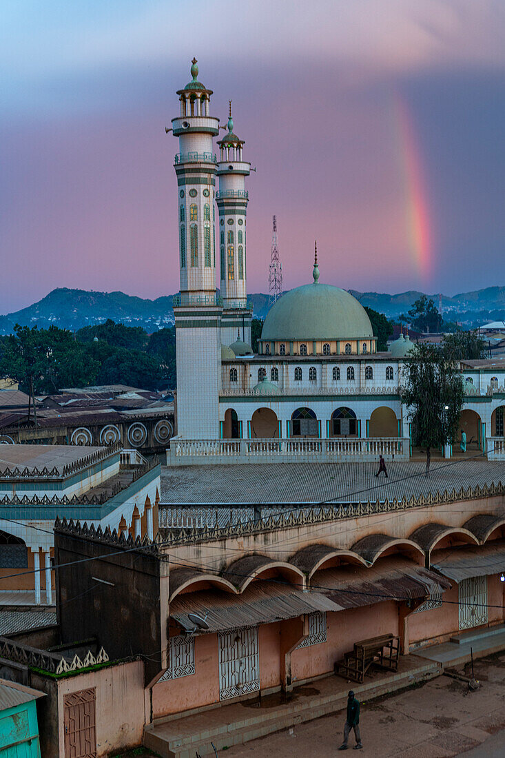 Rainbow over Lamido Grand Mosque, Ngaoundere, Adamawa region, Northern Cameroon, Africa\n