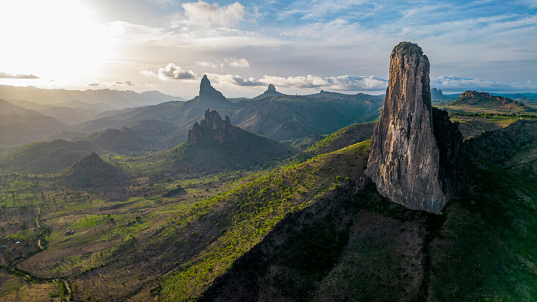 Aerial of Rhumsiki peak in the lunar landscape of Rhumsiki, Mandara mountains, Far North province, Cameroon, Africa\n