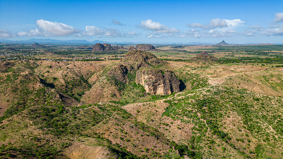 Aerial of Rhumsiki peak in the lunar landscape of Rhumsiki, Mandara mountains, Far North province, Cameroon, Africa\n