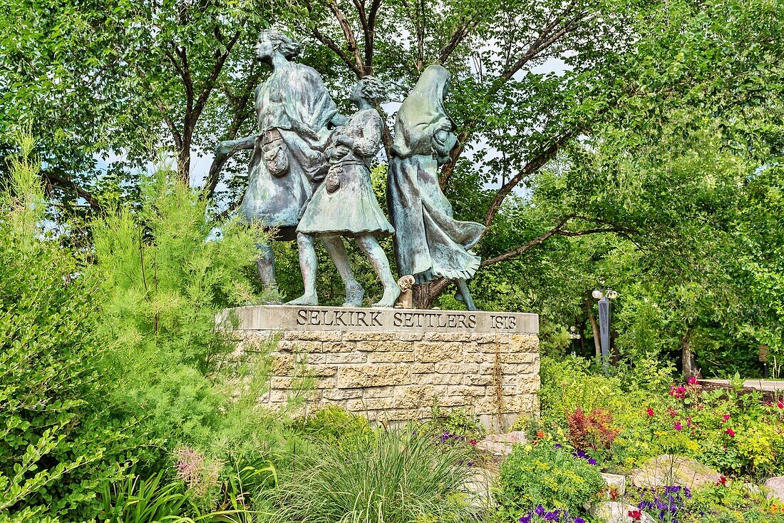 Monument to the Selkirk Settlers, erected in 2008, to commemorate the 19th century Scots who settled after the Highland Clearances, Waterfront Drive, Winnipeg, Manitoba, Canada, North America\n