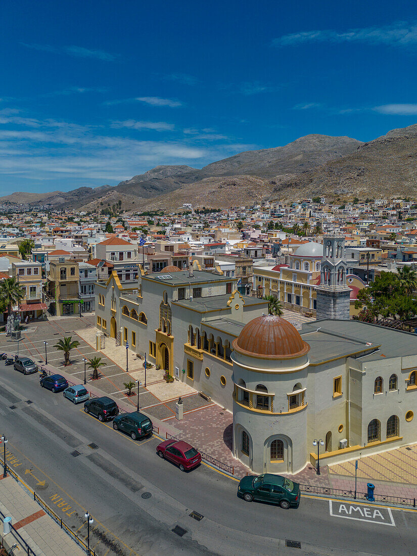 Aerial view of Kalimnos town, Kalimnos, Dodecanese Islands, Greek Islands, Greece, Europe\n