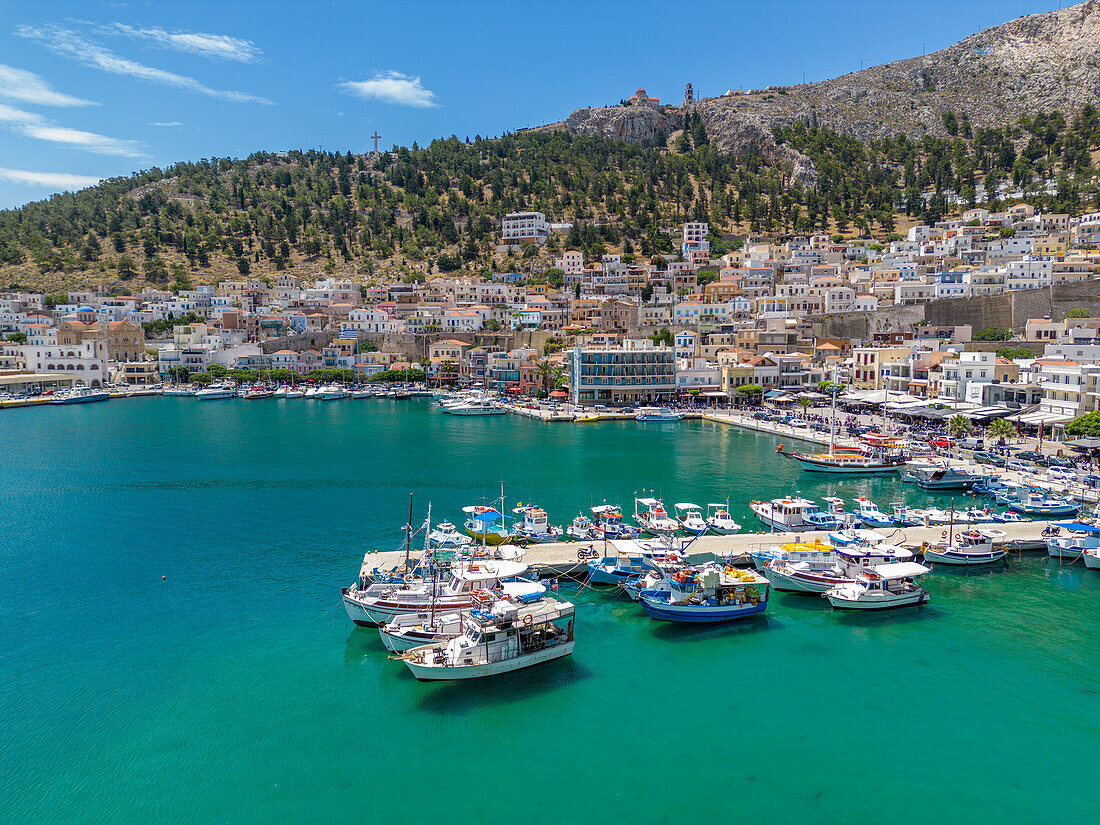 Aerial view of Kalimnos town, Kalimnos, Dodecanese Islands, Greek Islands, Greece, Europe\n