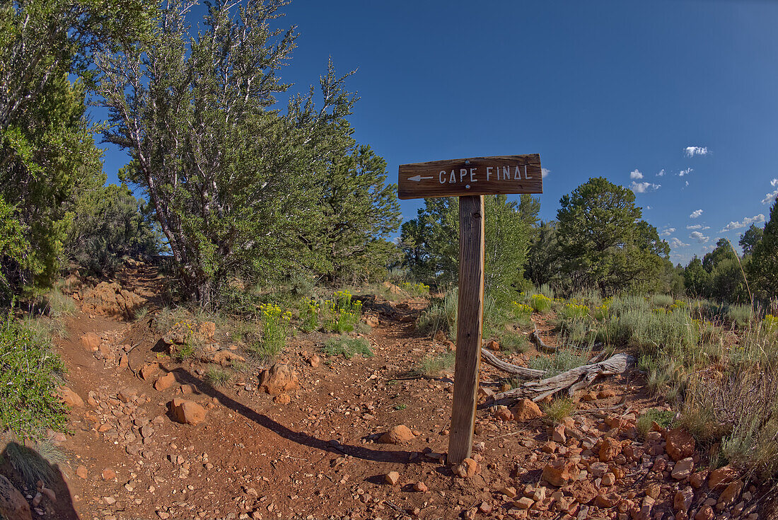 Ein vom Park Service aufgestelltes Schild, das den Weg zum Cape Final am North Rim des Grand Canyon weist, Arizona, Vereinigte Staaten von Amerika, Nordamerika