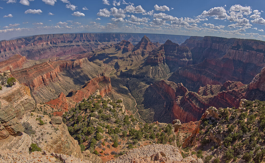 View of Grand Canyon from the south cliffs of Cape Final on the North Rim with Unkar Creek below and right of centre the pointed peak of Freya's Castle, Grand Canyon National Park, UNESCO World Heritage Site, Arizona, United States of America, North America\n
