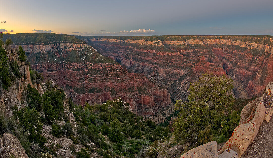 Uncle Jim Point viewed from Bright Angel Point on the North Rim of Grand Canyon at twilight, Grand Canyon National Park, UNESCO World Heritage Site, Arizona, United States of America, North America\n