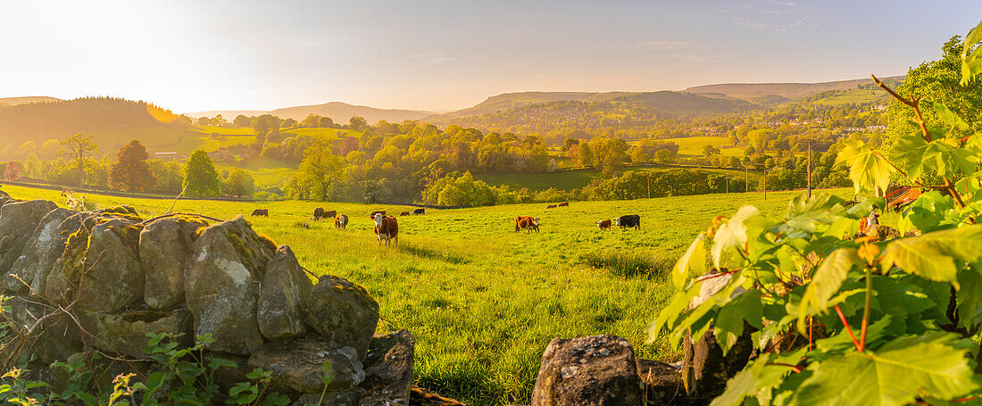 Blick auf die Landschaft in Richtung des Dorfes Hope im Frühling, Peak District National Park, Derbyshire, England, Vereinigtes Königreich, Europa