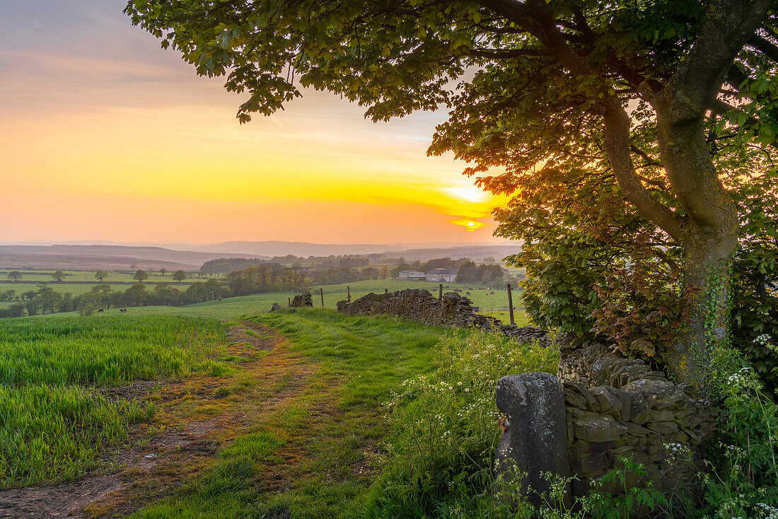 Blick auf den Sonnenuntergang von Wadshelf im Peak District National Park, Derbyshire, England, Vereinigtes Königreich, Europa