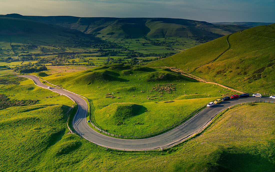 Aerial view of road to Edale, Vale of Edale, Peak District National Park, Derbyshire, England, United Kingdom, Europe\n