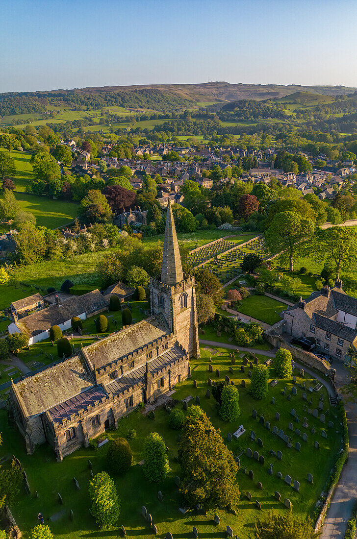 Aerial view of church and village of Hathersage village, Peak District National Park, Derbyshire, England, United Kingdom, Europe\n