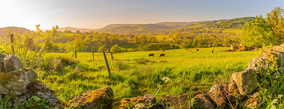 View of landscape toward Hope village during spring, Peak District National Park, Derbyshire, England, United Kingdom, Europe\n