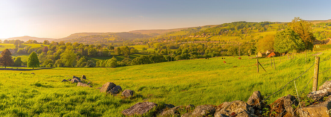 View of landscape toward Hathersage village during spring, Peak District National Park, Derbyshire, England, United Kingdom, Europe\n