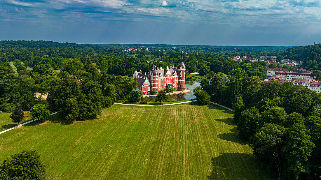 Aerial of Muskau Castle, Muskau (Muskauer) Park, UNESCO World Heritage Site, Bad Muskau, Saxony, Germany, Europe\n